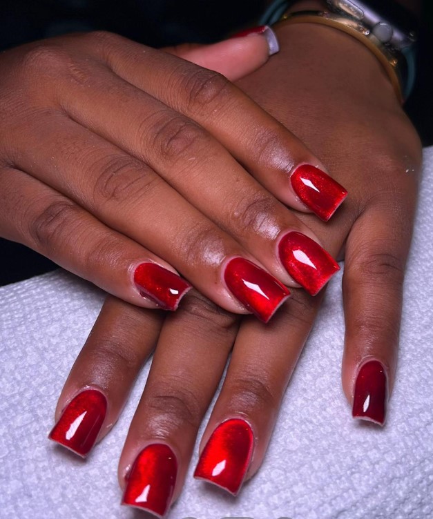 Glossy red square nails